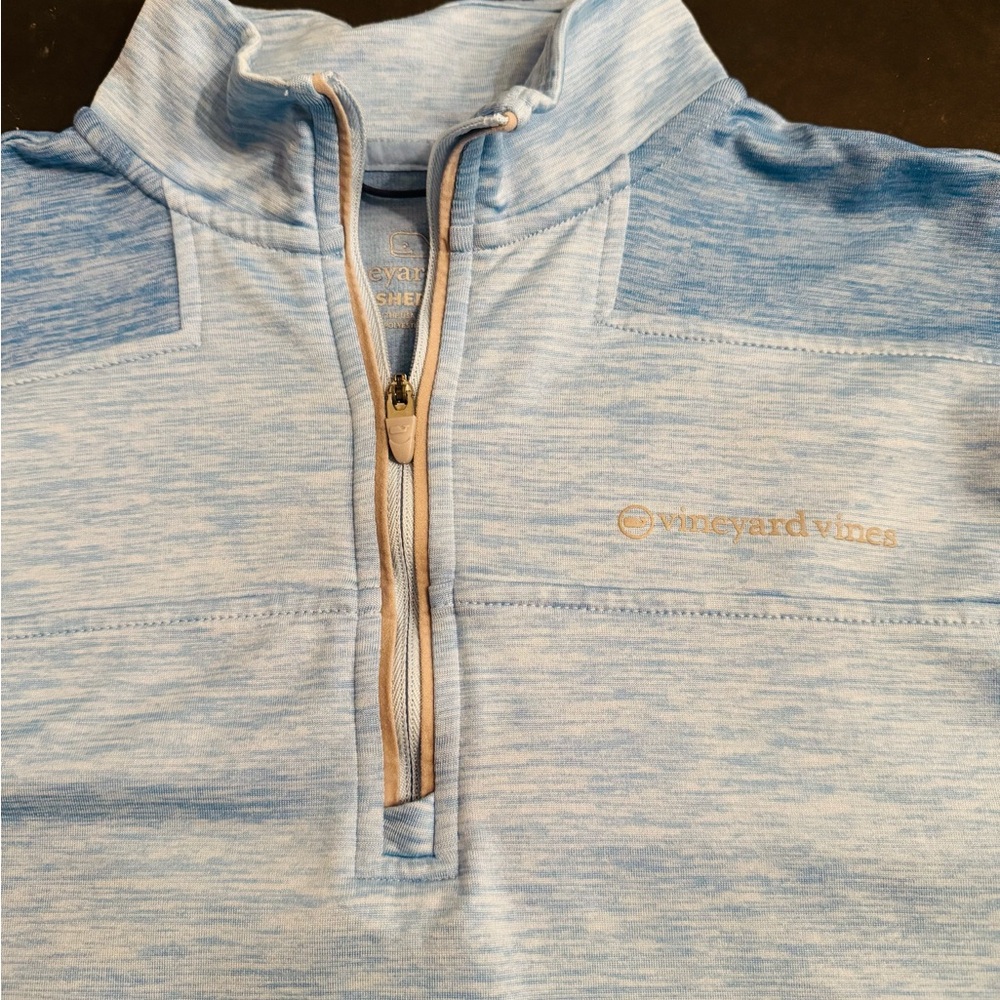 Vineyard Vines Heathered Sky Blue Half-Zip Pullover with Tan Trim